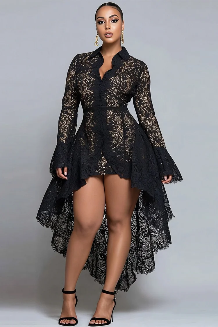 Xpluswear Design Plus Size Party Black Stand-Up Collar Long Sleeve High Low Hem Elegant See Through Lace Mini Dresses 2024 - Xpluswear