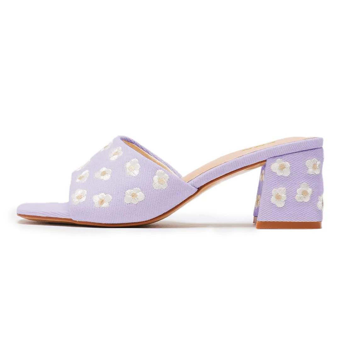 Light Purple Block Heel Flower Embroidery Slide Shoes for Women