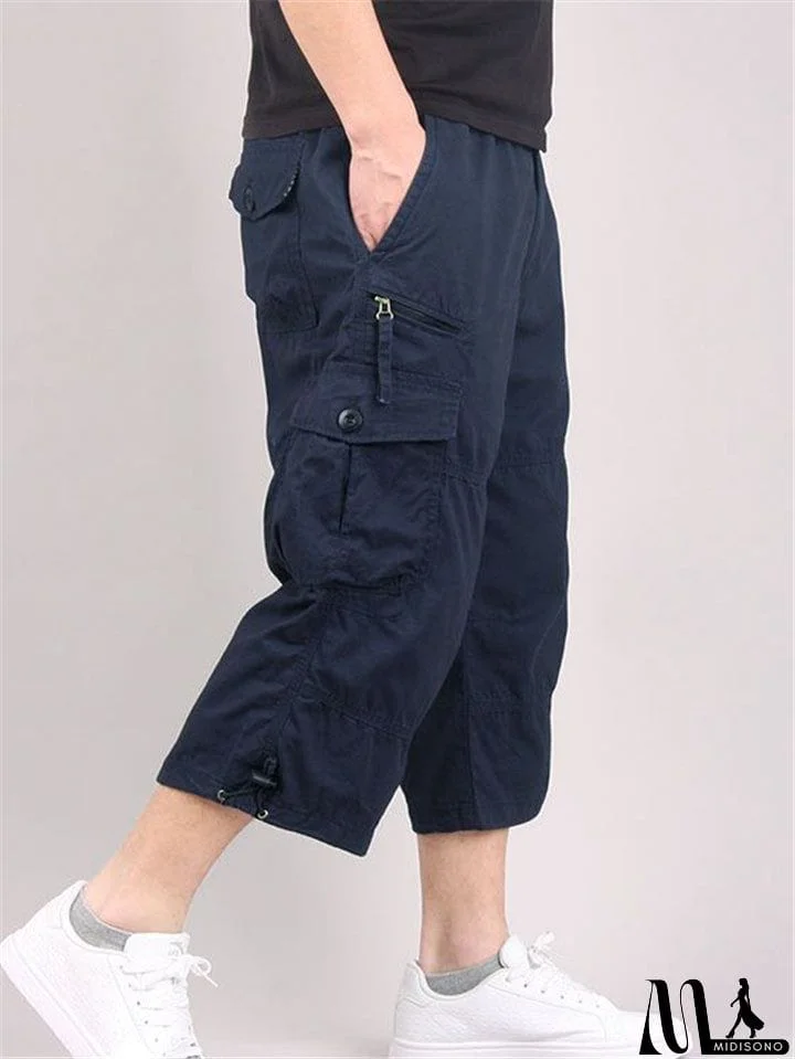 MidiSono - Men&rsquo;s Casual Front Zip Fastening Multi-Pocket Lightweight Cargo Cropped Pants