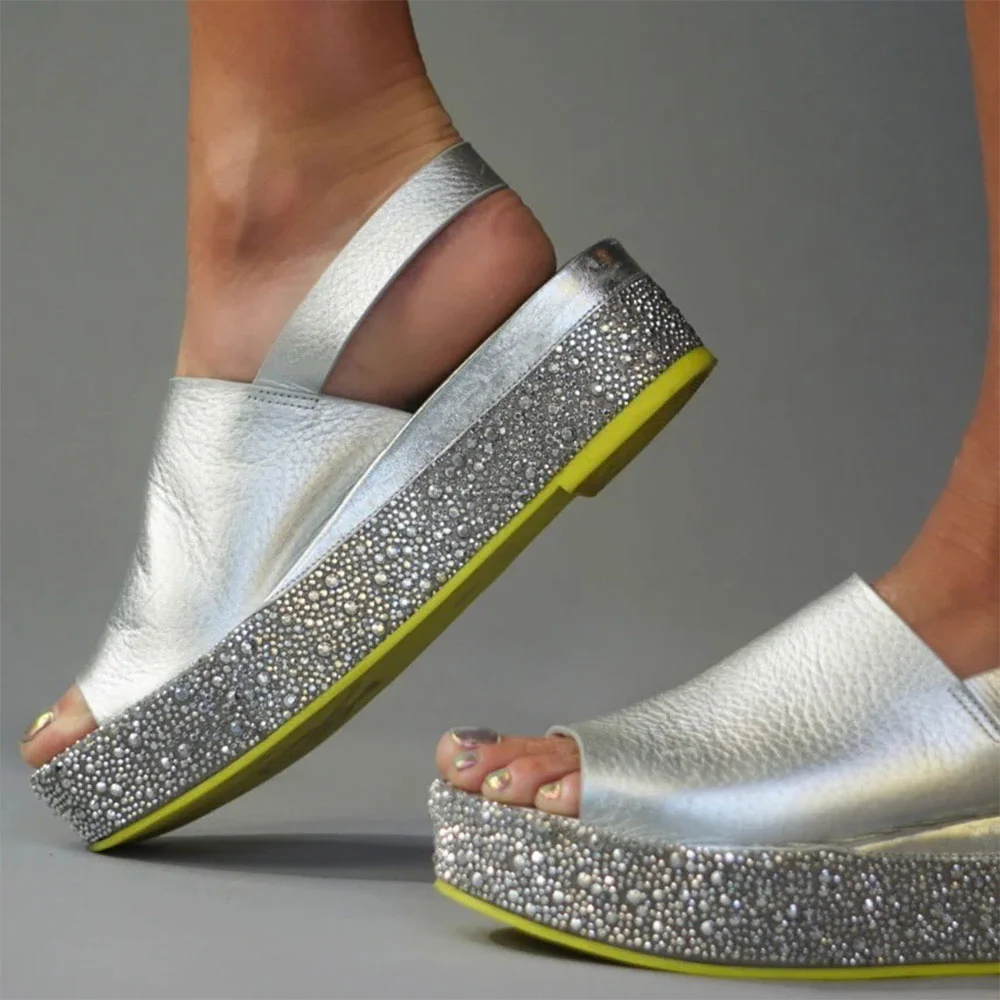 Women's Peep Toe Rhinestone Platform Wedge Heel Silver Sandals