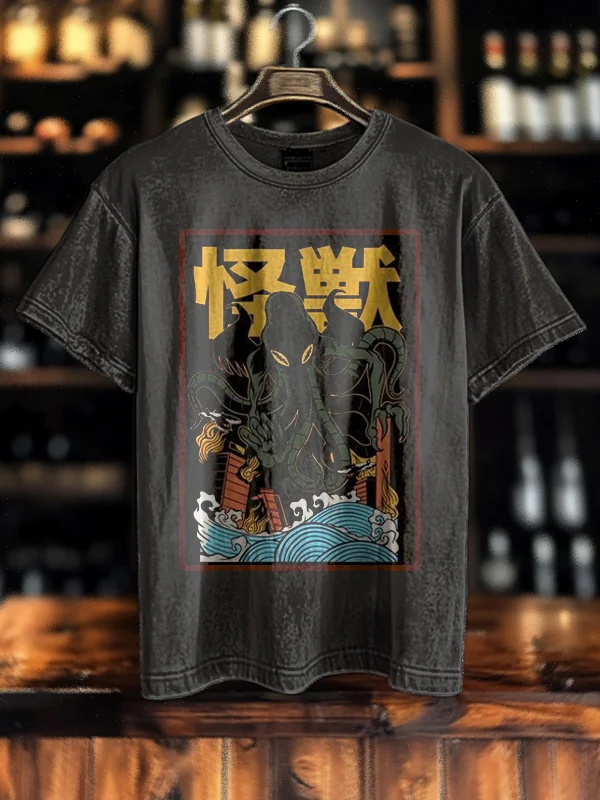 Men's Octopus Monster Japanese Art Print Cotton Washed T-Shirt