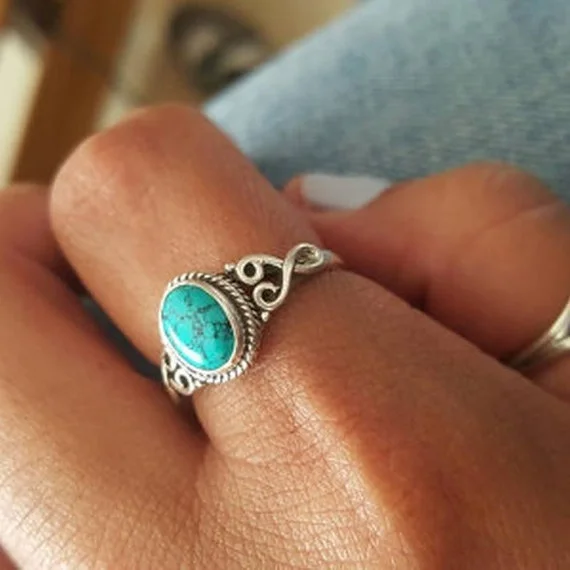 Antique Jewelry 925 Sterling Silver Turquoise Natural Gemstone Bride Wedding Engagement Vintage Ring Gifts Size 5-12