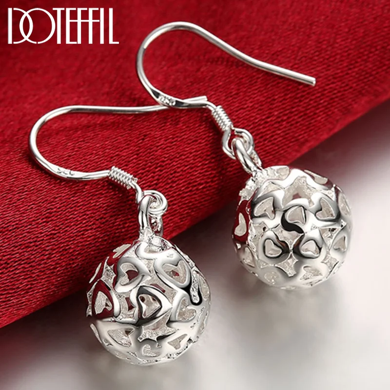 DOTEFFIL 925 Sterling Silver Hollow Ball Heart Drop Earrings For Woman Jewelry