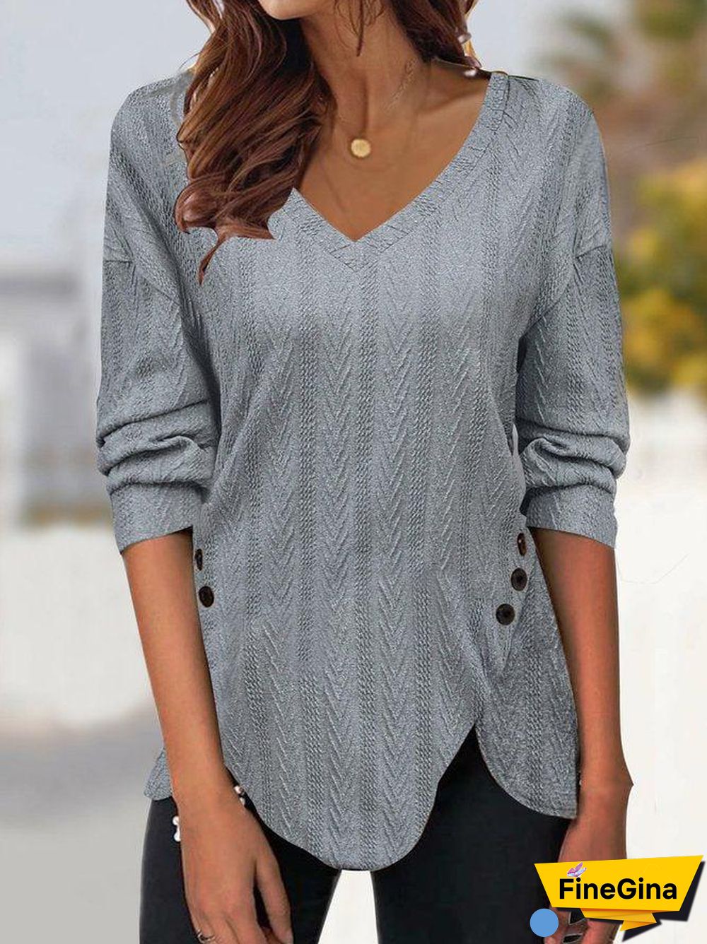 Grey Plain V-Neck Top
