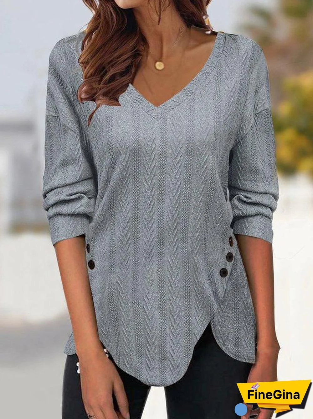 Grey Plain V-Neck Top