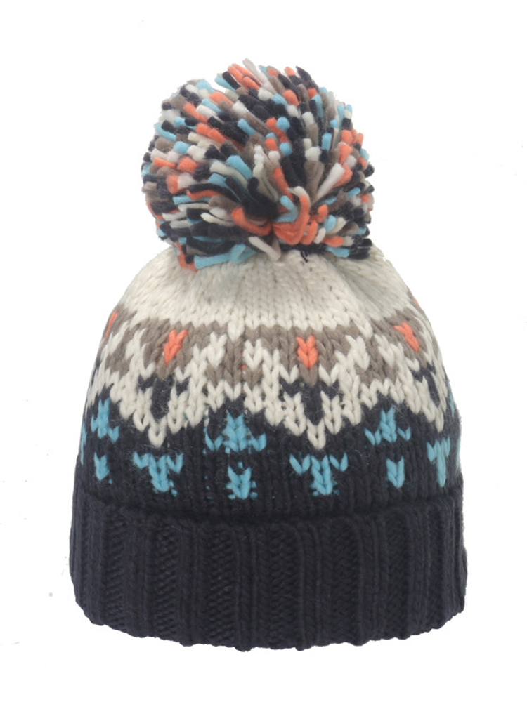 Comstylish Warm Mohair Geometric Diamond Jacquard Fur Ball Wool Hat