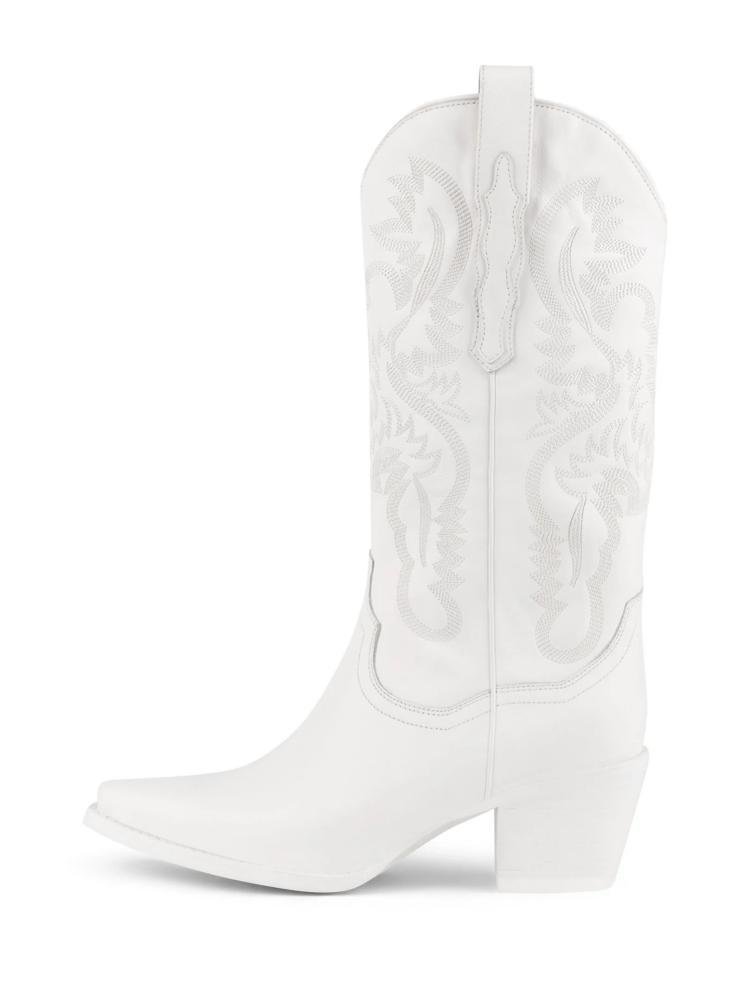 Embroidered Slip-On Mid Calf Pointed-Toe Chunky Heel Western Boots