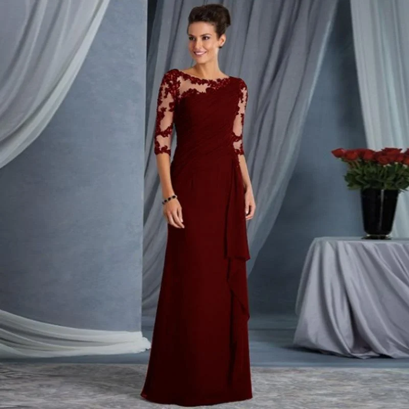 Long lace see-through round neck sleeved dress