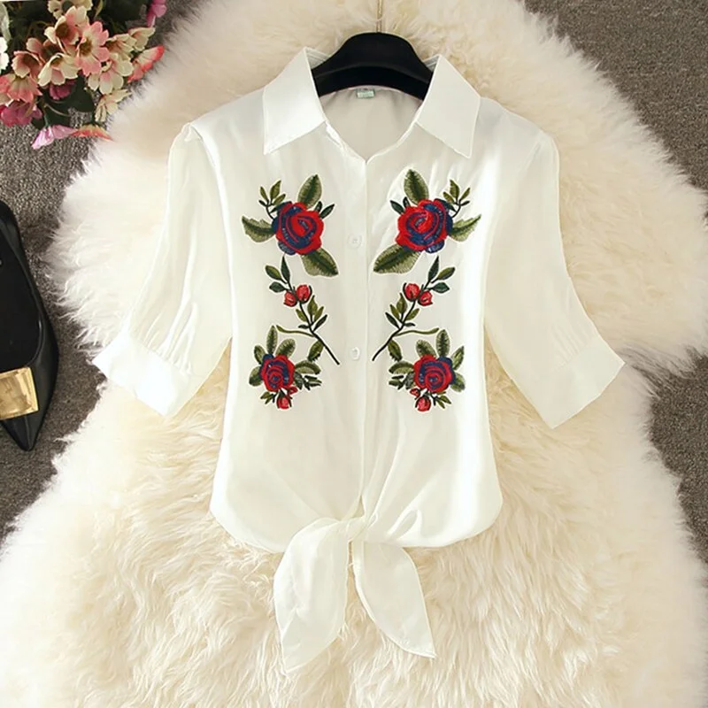 2020 Summer Fashion Stripe Blouse Short Sleeve Shirt Women Blouses Chiffon Embroidery Shirts White Blue Top Blusas Women Tops