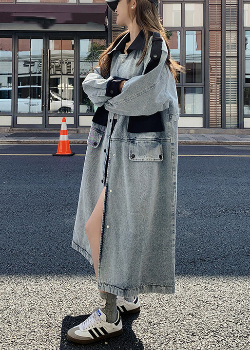 VCSHOES Loose Blue Peter Pan Collar Button Patchwork Denim Long Coats Fall