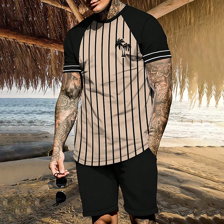 Broswear Striped & Palm Tree Print T-Shirt And Shorts Co-Ord