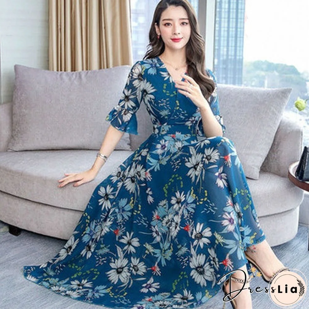 Fashion Floral Print Slim A-Line Dress Elegant Ladies Long Dress Women V-Neck Short Sleeve Chiffon Party Dresses