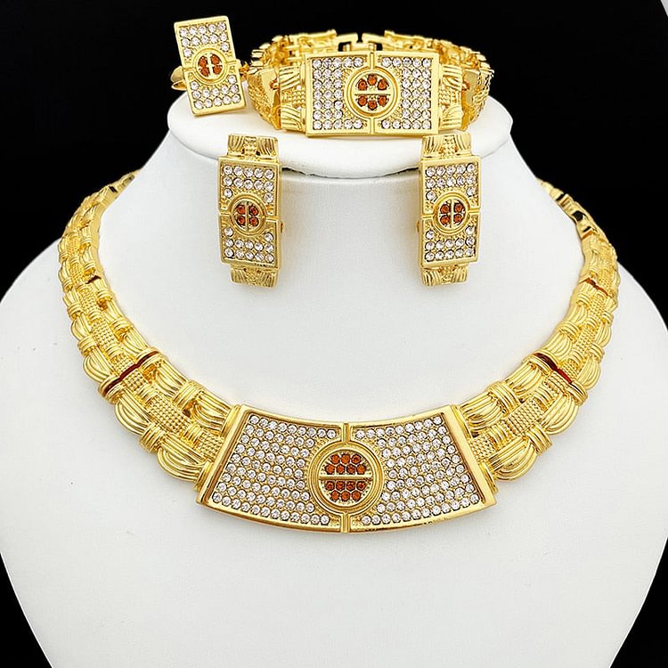 Dubai Jewelry Woman Set Gold Color Necklace Earrings Wedding Banquet Party Jewelry Large Set