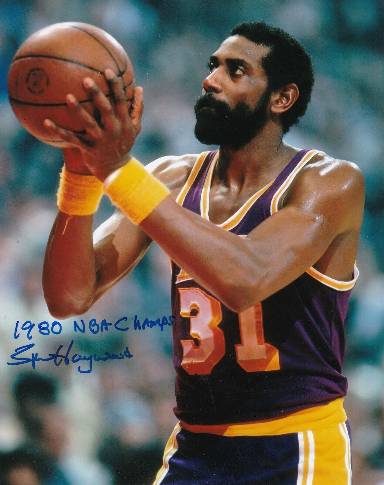 SPENCER HAYWOOD LOS ANGELES LAKERS 1980 NBA CHAMPS COLOR ACTION SIGNED 8x10