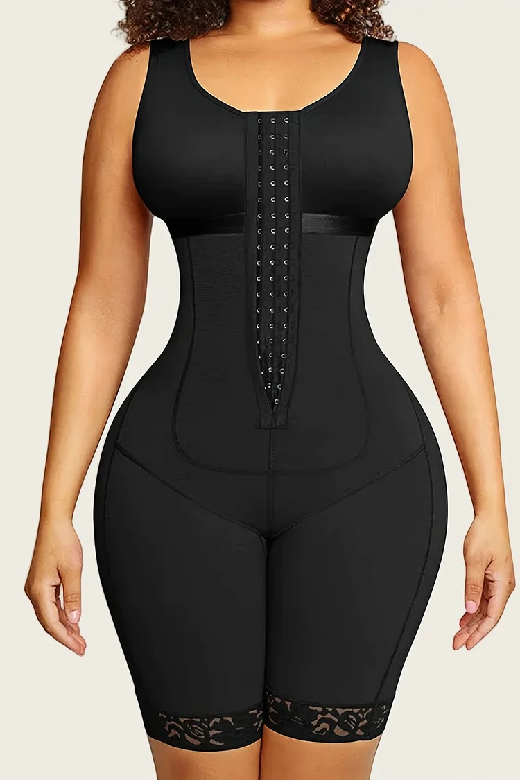 Plus Size Casual Black Multi-Row Steel Buckle Lace Trim Skinny Shapewear 2024 - Xpluswear