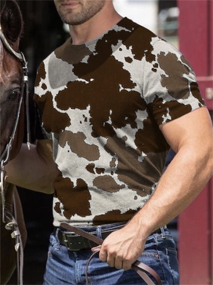 Western Retro Cow Leather Printed Crew Neck T Shirt