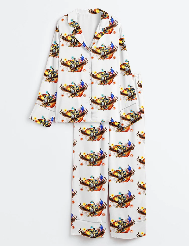 Women&rsquo;s Wtf Is A Kilometer Eagle Funny 4th Of July Founding Father USA Independence Day Print Long Sleeve Satin Pajama Set