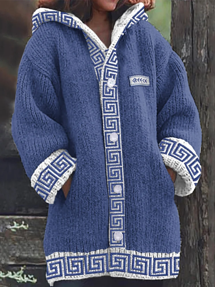 Greek Key Pattern Cozy Knit Hooded Cardigan