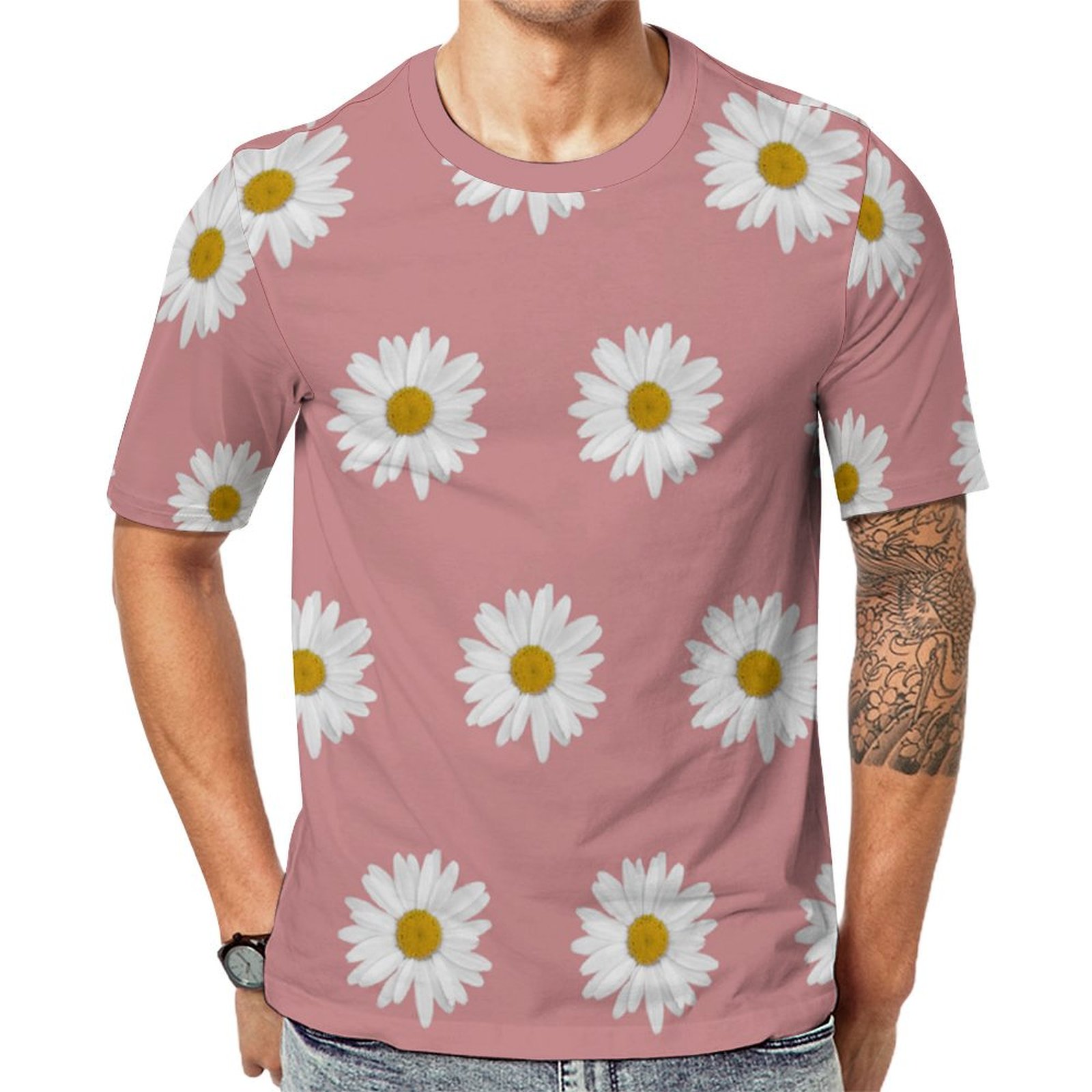 Pink White Rose Bohemian Daisy Short Sleeve Print Unisex Tshirt Summer Casual Tees for Men and Women Coolcoshirts