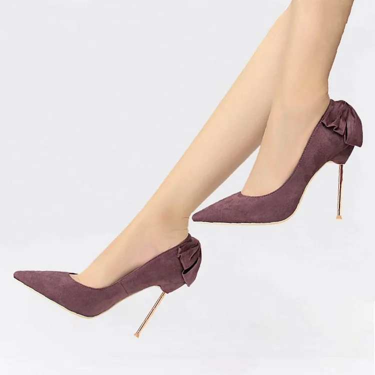Maroon Stiletto Heels Suede Pointy Toe Pumps With Bow |FSJ Shoes