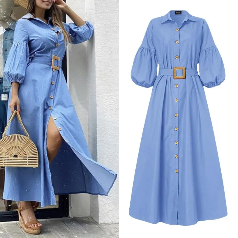 Elegant Office Ladies Dress Women Long Dresses 2022 VONDA Ladys Puff Sleeve Lapel Collar Sundress Vestido  S-