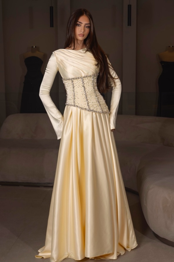 Lussooy Chic Satin Daffodil Beaded Scoop Neck Long Sleeves Prom Dress 
