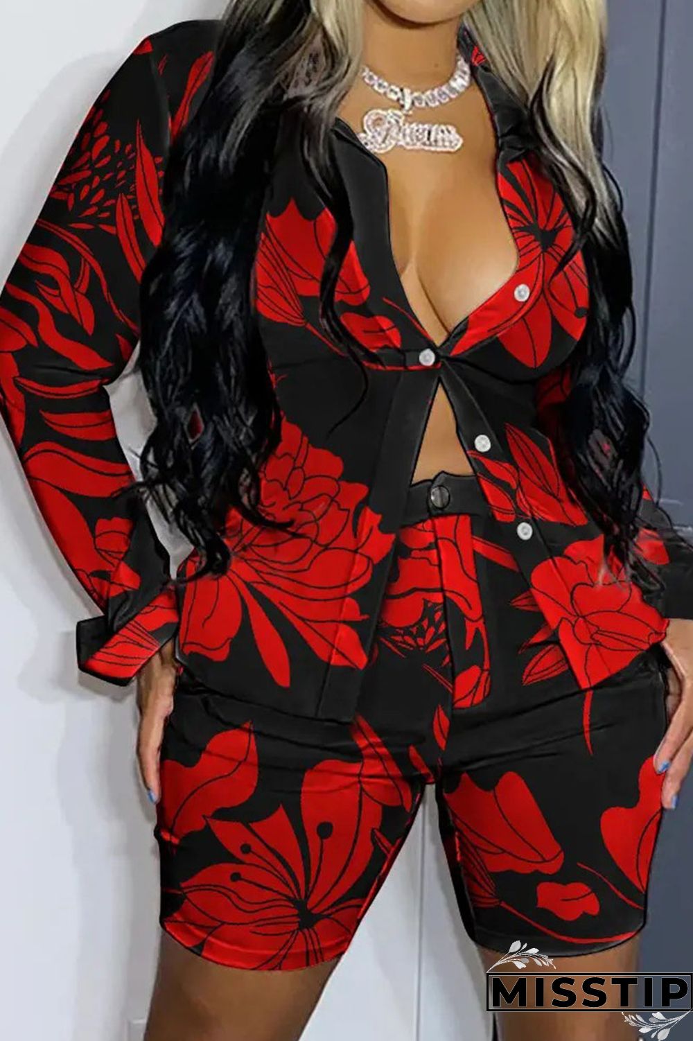 Green Casual Print Patchwork Buckle Turndown Collar Long Sleeve Two Pieces