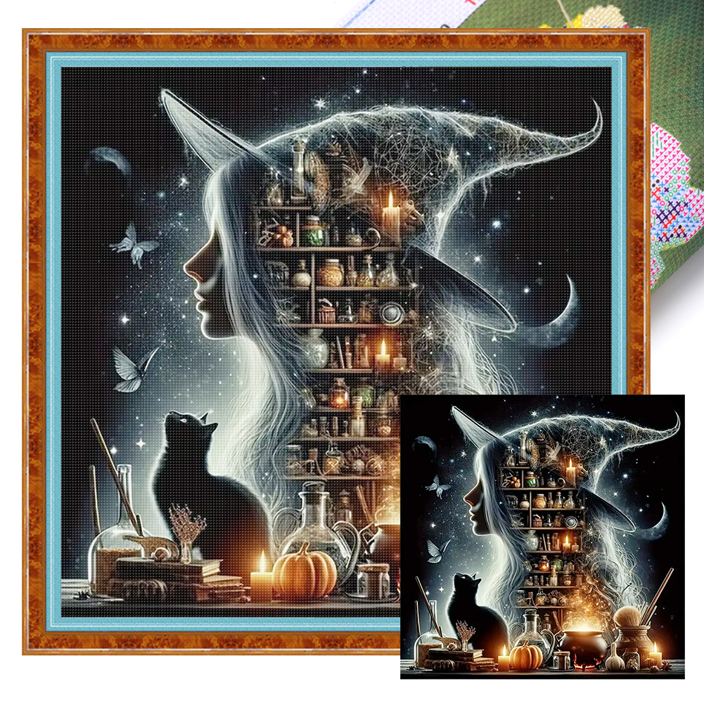 Silhouette-Witch And Black Cat Full 11CT Pre-stamped Canvas(50*50cm) Cross Stitch