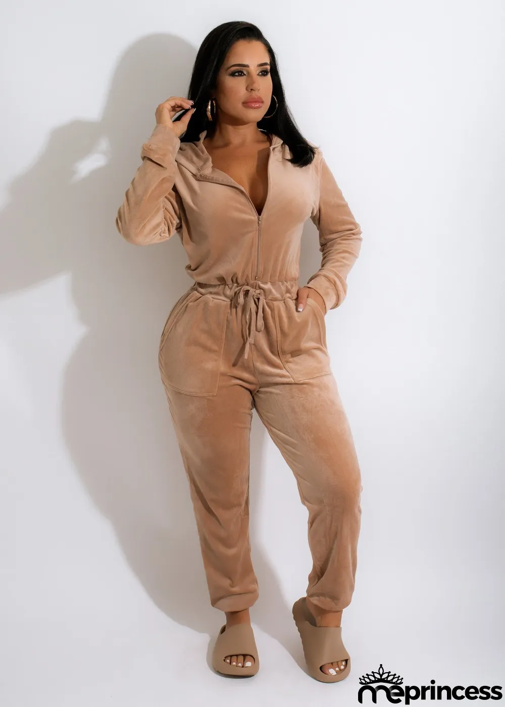 Velvet Hooded Drawstring Zipper Jumpsuit