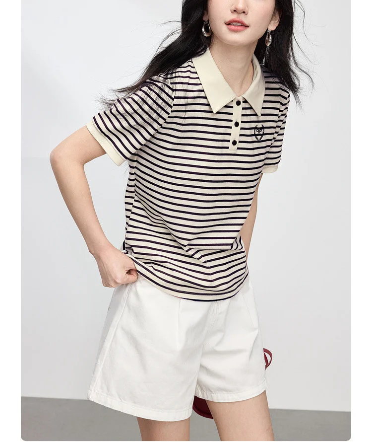 Athvotar Athvotar Striped Embroidery POLO Shirt 2025 Summer New Bing Color Reduction Women's Short-Sleeved T-Shirt