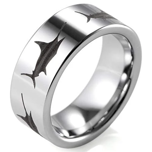 6MM 8MM Women's Or Men's Fisherman's / Fishing Wedding Rings Silver Tungsten Carbide with Etched Sword Fish Design