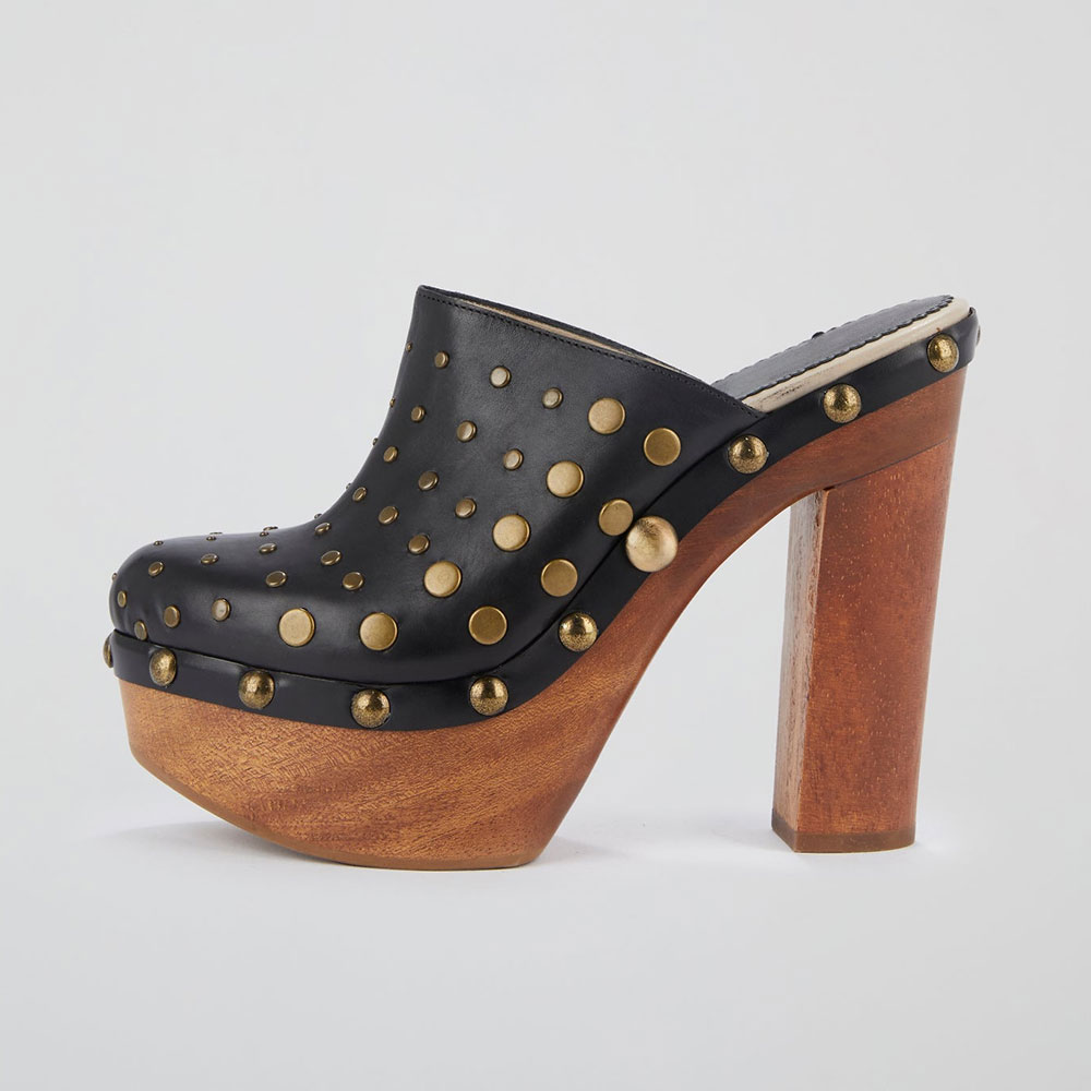Round Toe Chunky High Heel Studded Black Platform Mules for Women Nicepairs