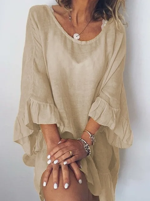 Cotton Linen Solid Color Ruffle Sleeve Loose Blouse
