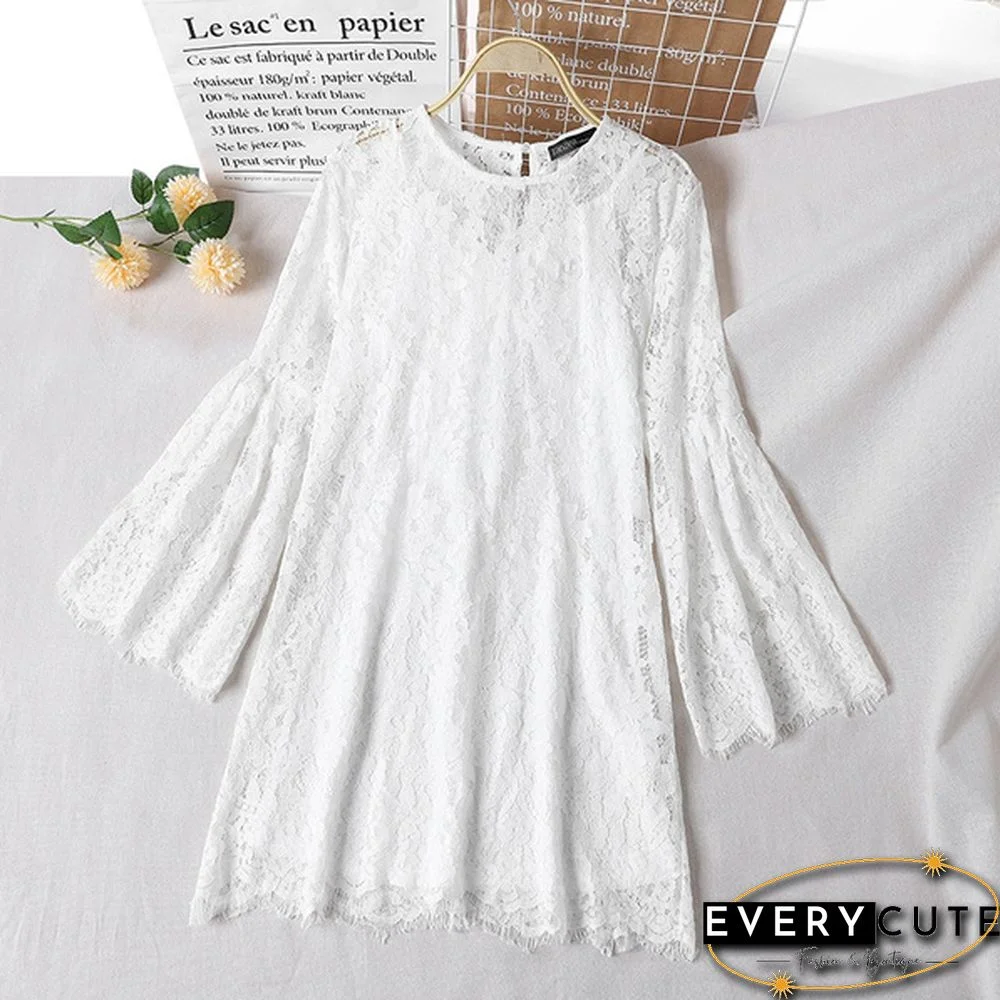 Womens Summer Long Sleeve Lace Crochet Flared Sleeve O-Neck Mini A-Line Dress