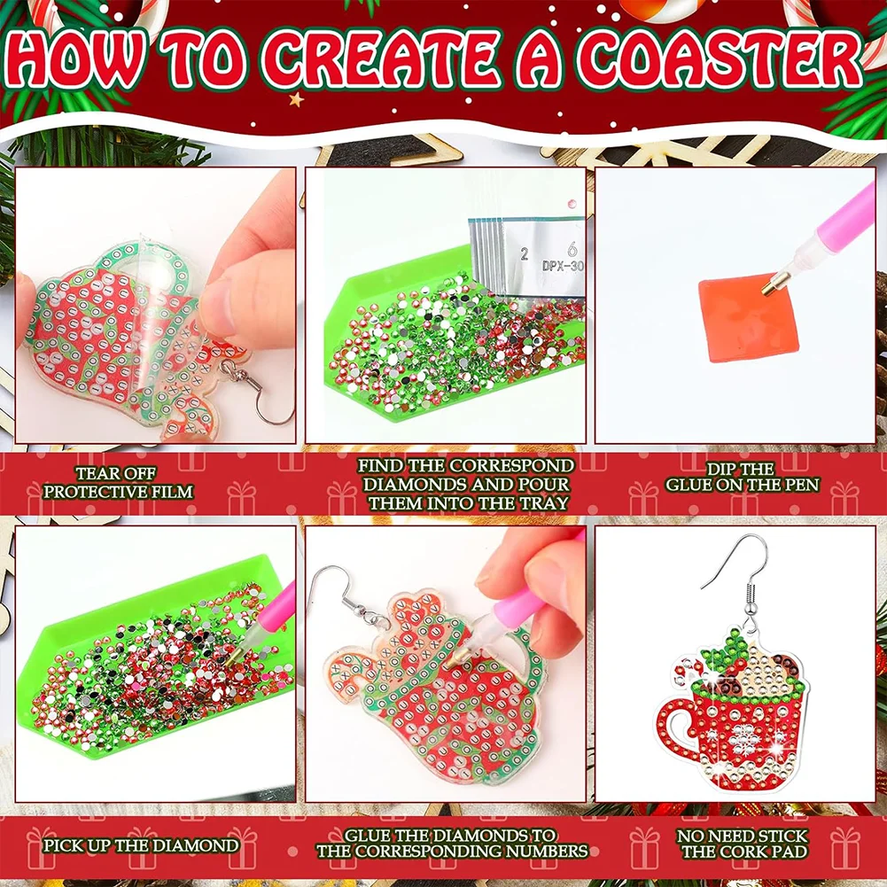 9 Pairs Christmas Cup Double Sided Diamond Painting Earrings Dangle Drop Diamond Art Earring Kit