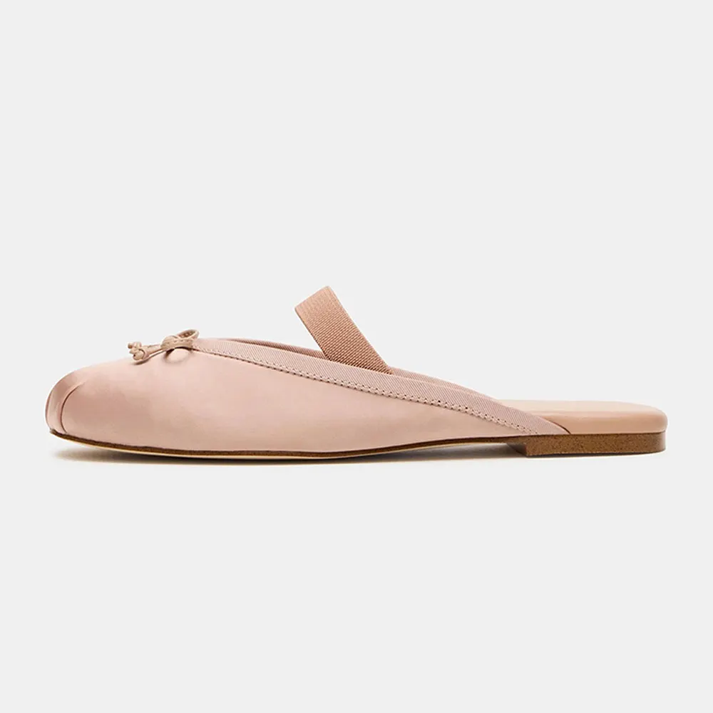 Pink Satin Closed Toe Bow Elastic Straps Slip On Mules Shoes