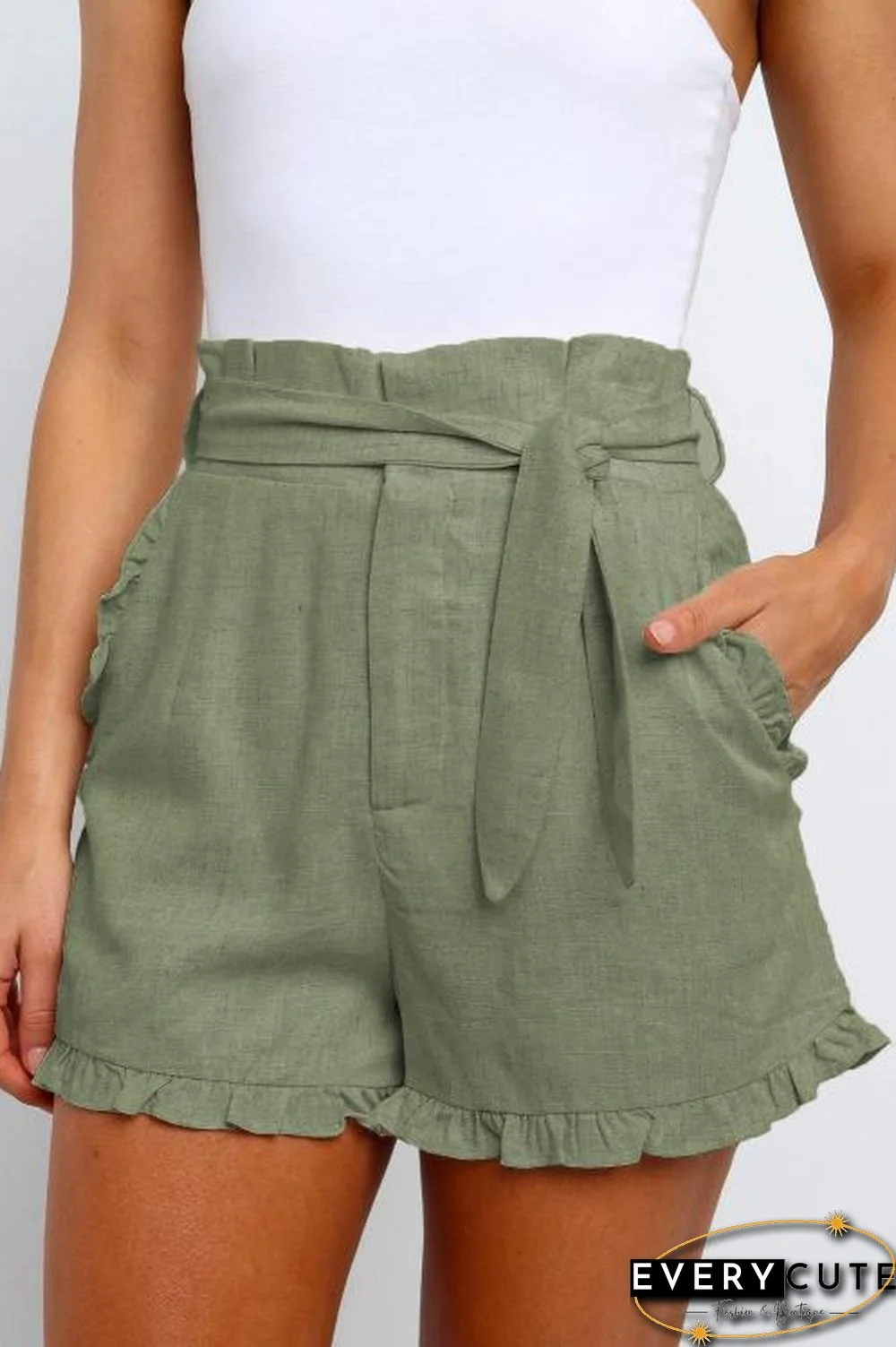 Green Ruffled Trim High Waist Getaway Shorts