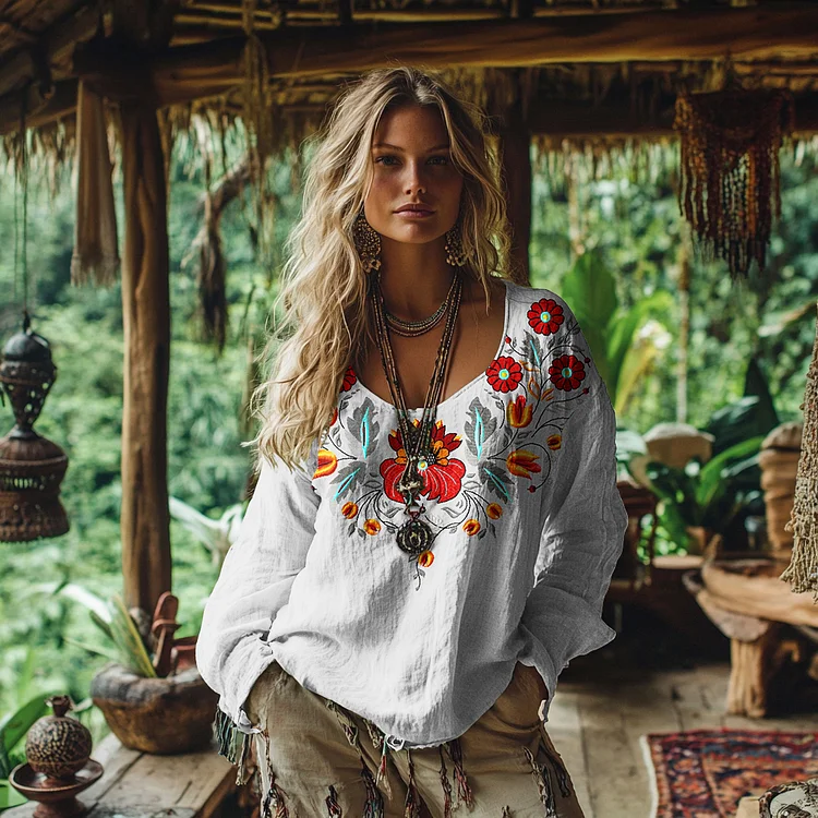 Utbros Vintage Bohemian Floral Embroidered Linen Shirt