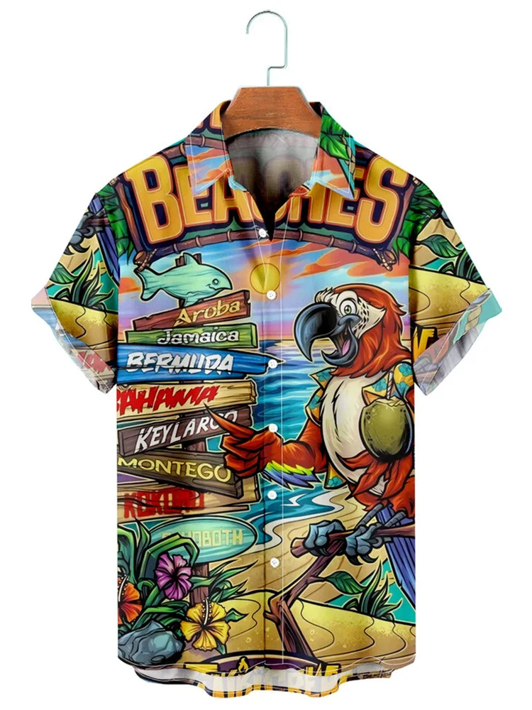 Seaside Sunset Parrot Print Men's Short Sleeve Shirt