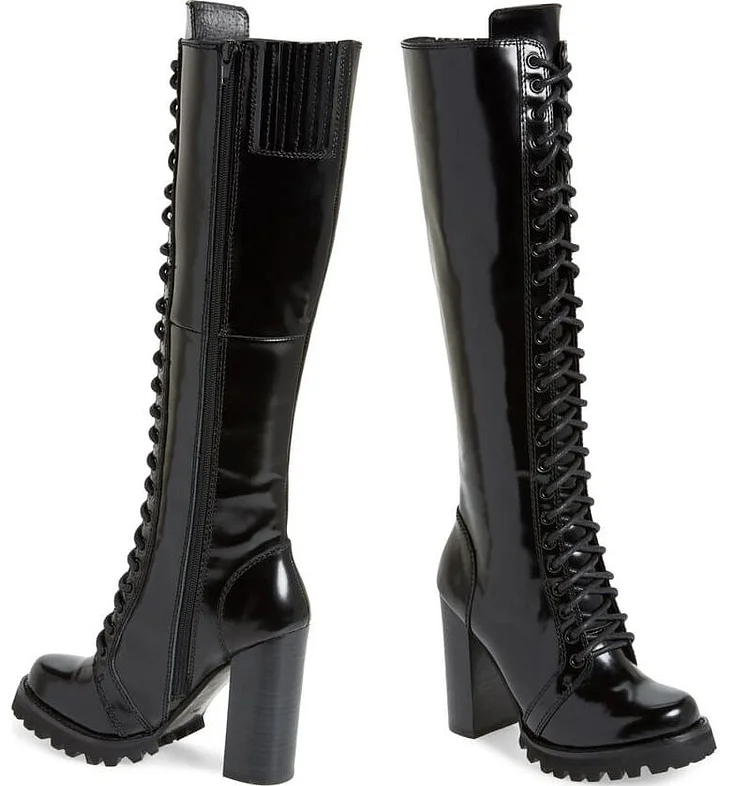 Custom Made Black Lace Up Chunky Heel Boots |FSJ Shoes