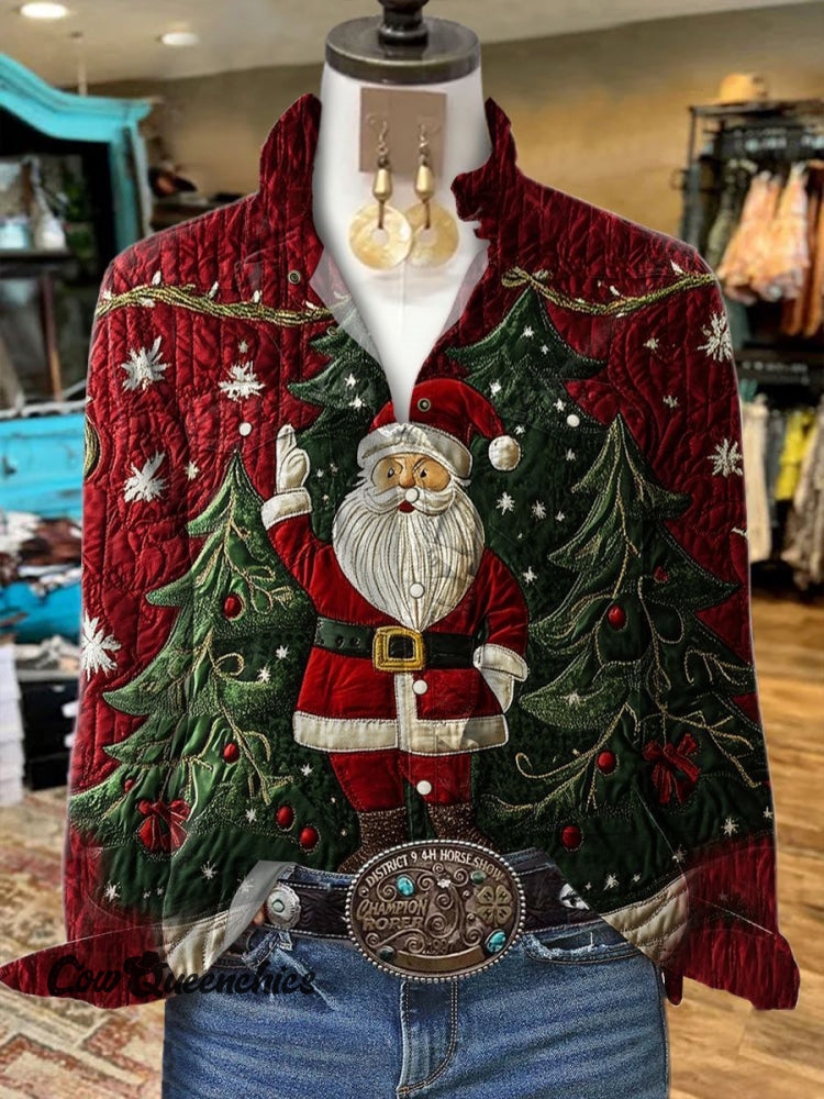 Women’s Santa Forest Textural Art Print Casual Long Sleeve Cotton Shirt Multicolor / S