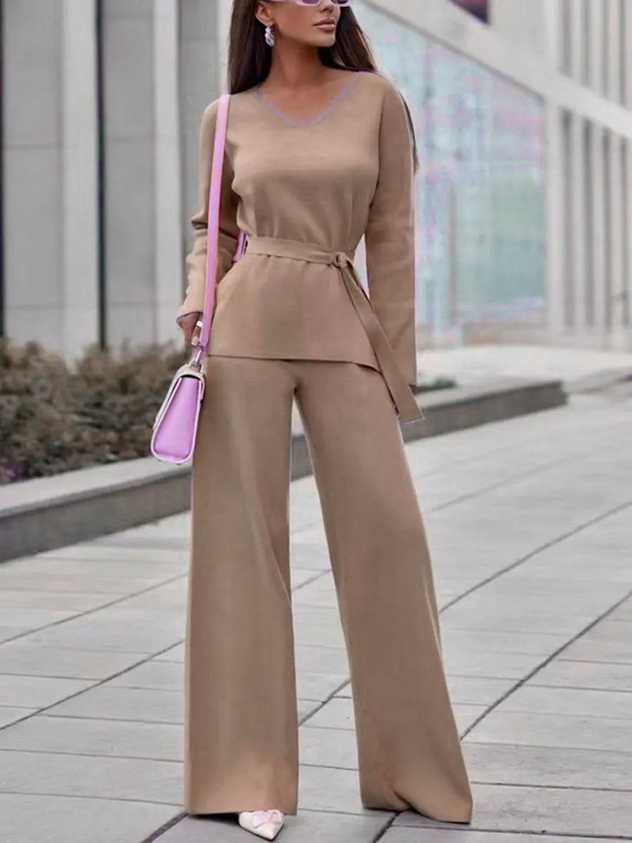 V Neck Belted Sweater And Straight Pants Sets
