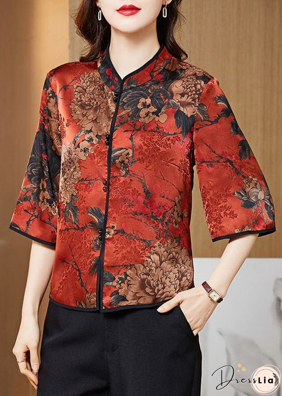 Vintage Red Mandarin Collar Print Silk Shirt Tops Half Sleeve