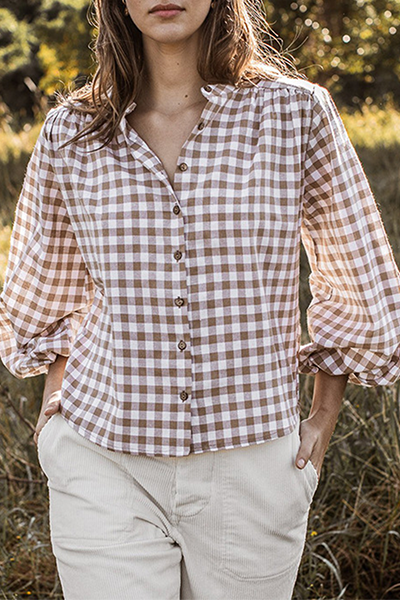 Casual Plaid Split Joint Tie-Dye O Neck Tops