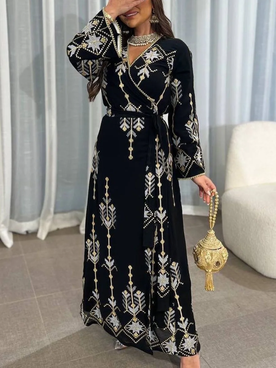 Folk Embroidery Printed V Neck Long Sleeve Gown