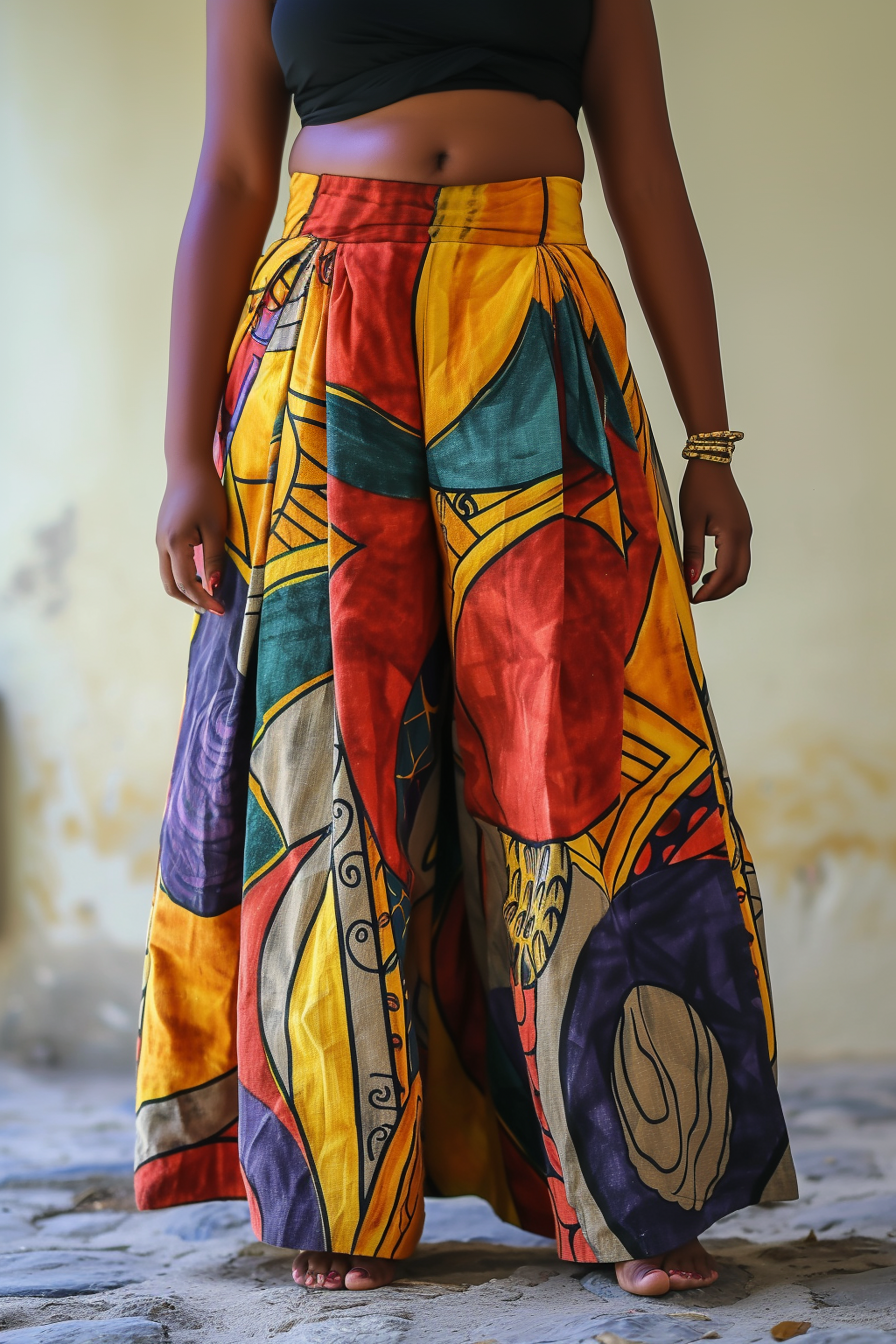 Design Plus Size Casual Colorblock Ankara Boho High Waist Wide Leg Pants [Pre-Order]