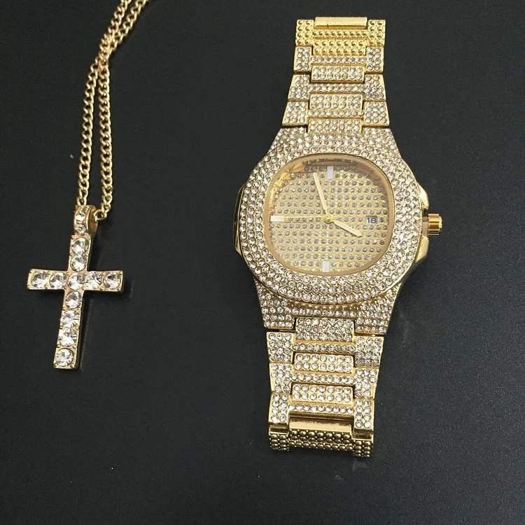 Luxury Gold Men Watch & Necklace Combo Set