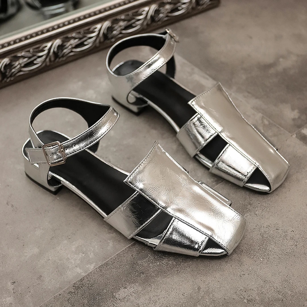 Yyvonne Women's Summer New Korean Version Of The Square Head With Coarse Heel Buckle Silver Casual Simple Ladies Sandals