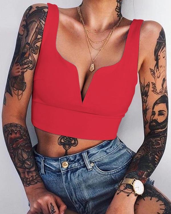 Solid Sexy Blouse Casual V-Neck Crop Top - Chicaggo