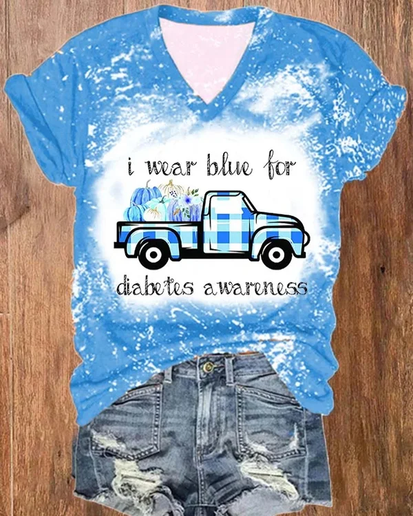 Diabetes Concern In November We Wear Blue Bleach Print V-Neck T-Shirt
